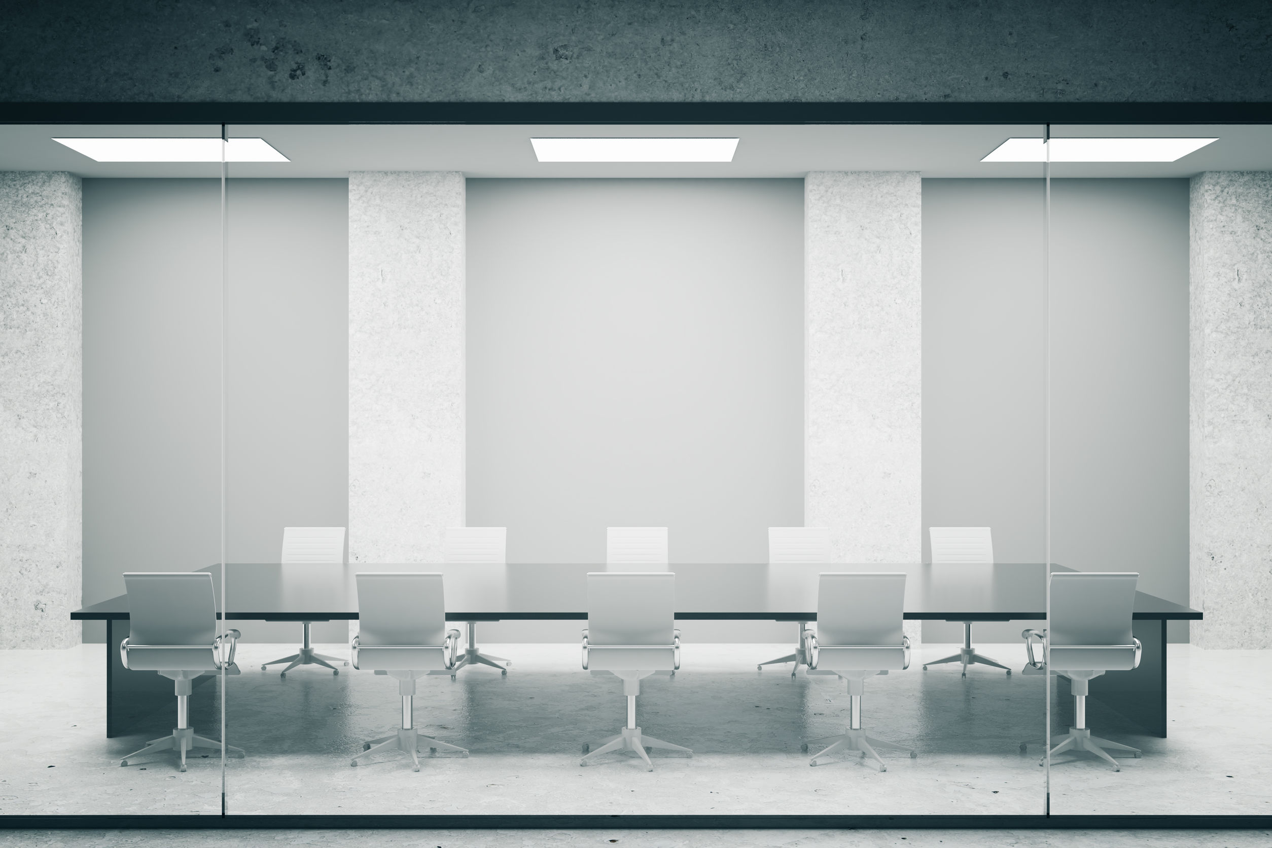 Concrete conference room interior with blank grey posters. Mock up, 3D Rendering